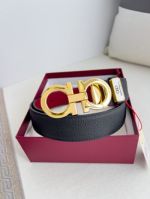 1:1 Ferragamo  Black Leather Belt Bull Skin Ball Pattern with Gold Logo buckle Hanging  Buckle 3.5cm